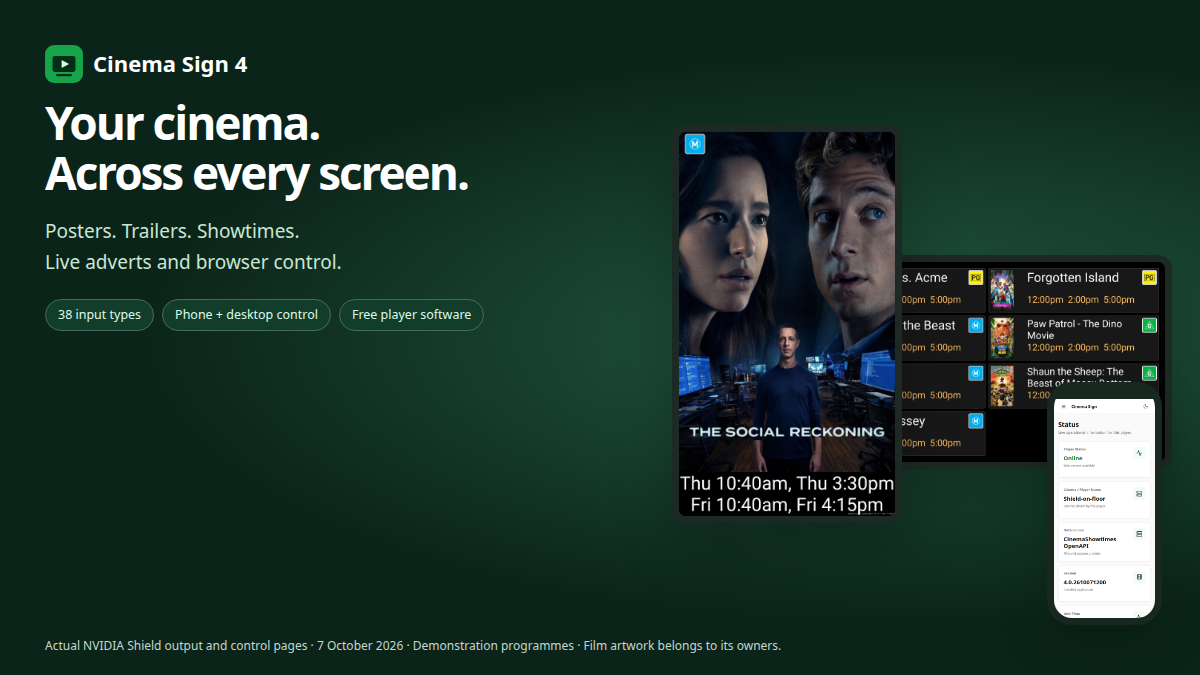 Cinema Sign: poster, trailer and session-time displays controlled from a web browser